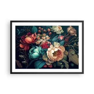 Póster en marco negro - Una composición colorida de flores sobre un fondo oscuro. - 70x50cm - Encanto del siglo XIX - Decoración de pared moderna para salón y dormitorio ARTTOR