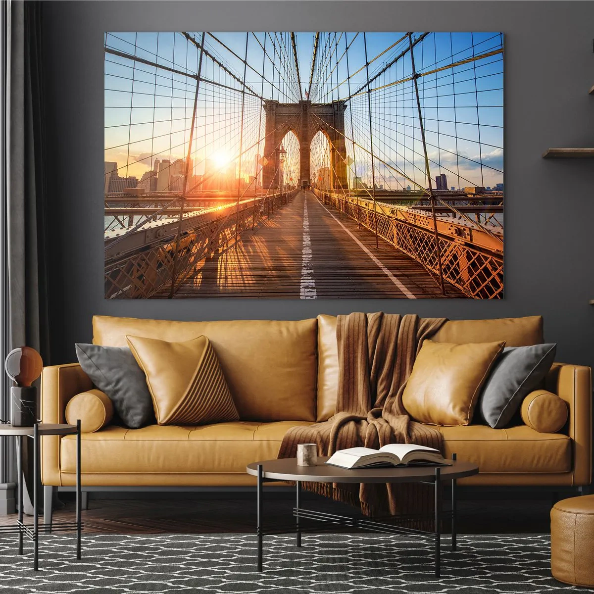 Cuadro sobre vidrio - Impresiones sobre Vidrio - Atardecer en el puente de Brooklyn en Nueva York - 70x50cm - En el puente dorado - Decoración de pared moderna para salón y dormitorio ARTTOR