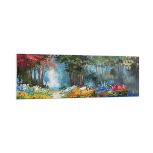 Cuadro sobre vidrio - Impresiones sobre Vidrio - Un pintoresco jardín lleno de flores y árboles coloridos en un entorno forestal. - 160x50cm - Jardín forestal, bosque floral - Decoración de pared moderna para salón y dormitorio ARTTOR