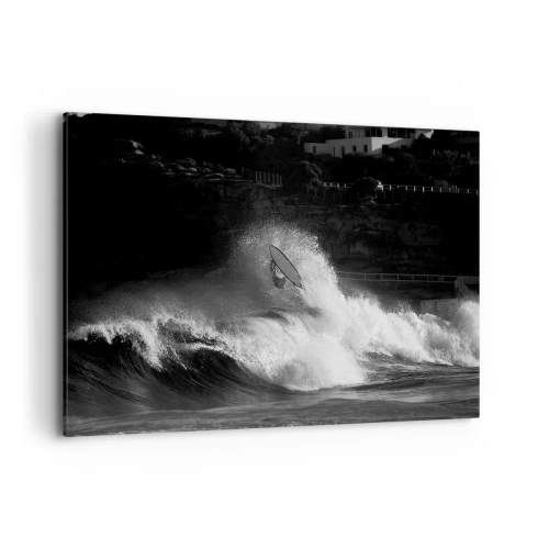 Cuadro sobre lienzo - Impresión de Imagen - Un surfista montando una ola en monocromo. - 120x80cm - Desafío aceptado - Decoración de pared moderna para salón y dormitorio ARTTOR