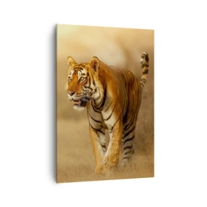 Cuadro sobre lienzo - Impresión de Imagen - Un tigre caminando por la sabana en colores cálidos. - 70x100cm - Antes del ataque - Decoración de pared moderna para salón y dormitorio ARTTOR