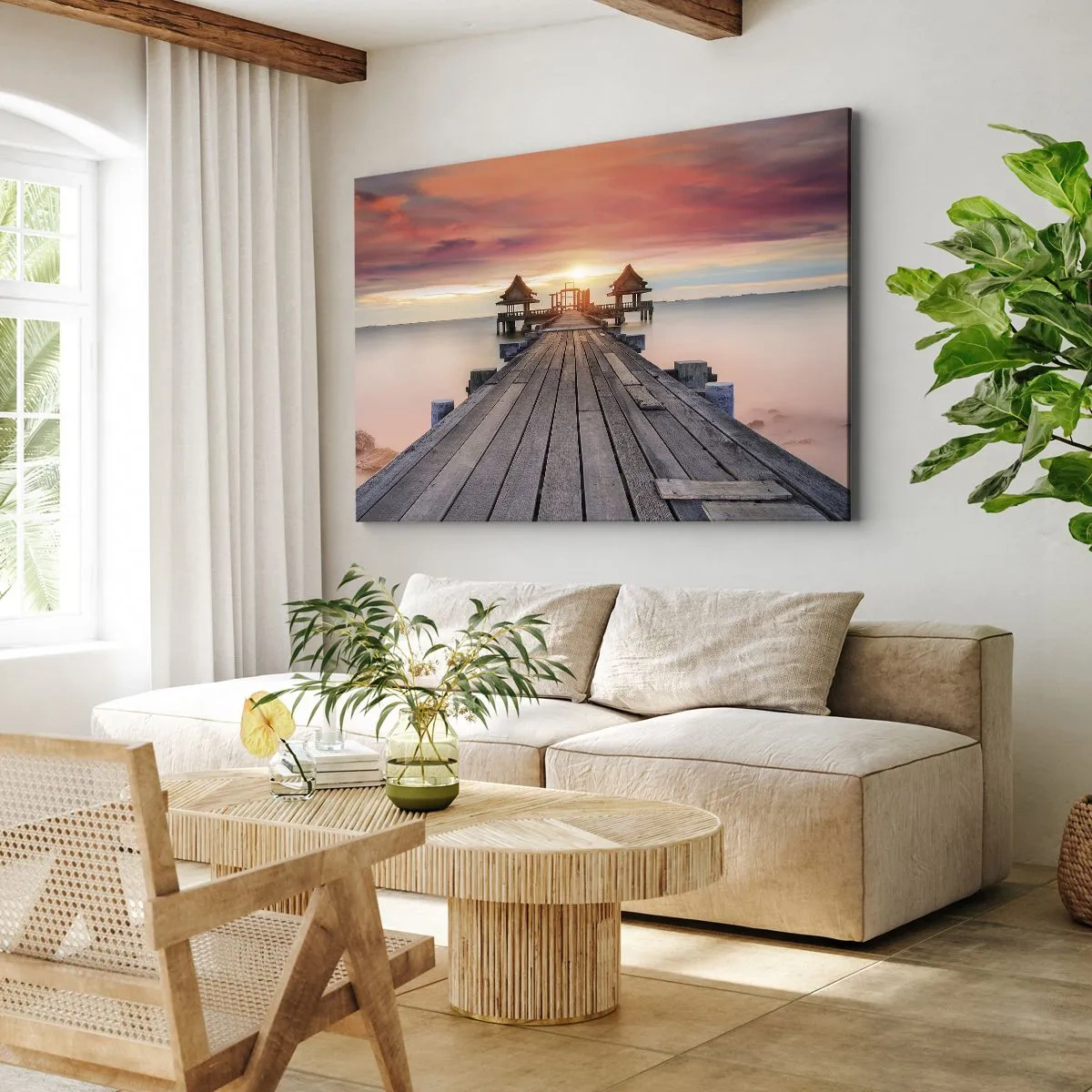 Cuadro sobre lienzo - Impresión de Imagen - Muelle de madera que conduce a los miradores al atardecer - 70x50cm - De este a oeste - Decoración de pared moderna para salón y dormitorio ARTTOR