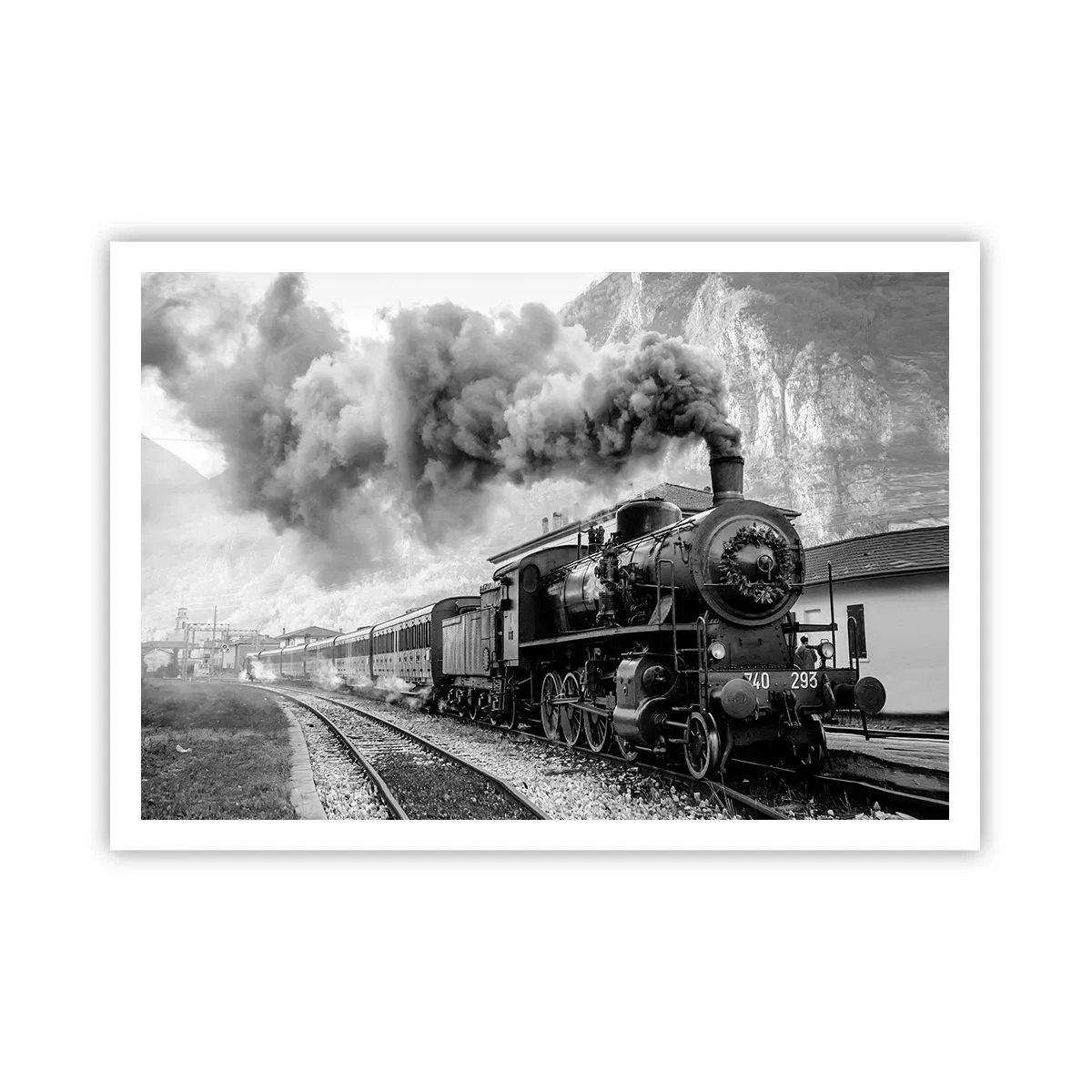 Póster - Una locomotora de vapor en blanco y negro contra un paisaje montañoso. - 100x70cm - Rumbo a la estación... - Decoración de pared moderna para salón y dormitorio ARTTOR