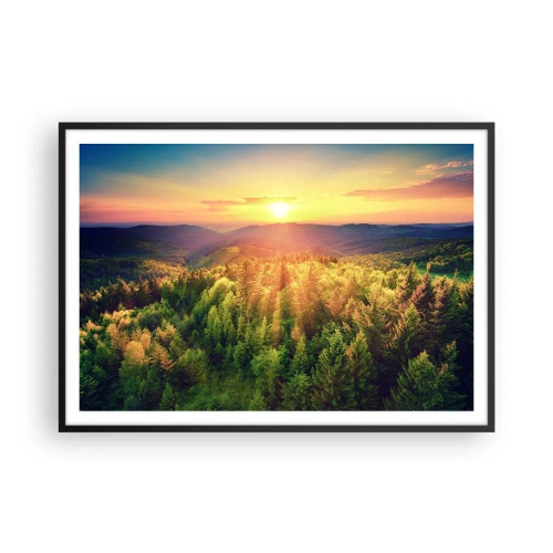 Póster en marco negro - Paisaje forestal con puesta de sol sobre las colinas - 100x70cm - Desde lo alto - Decoración de pared moderna para salón y dormitorio ARTTOR