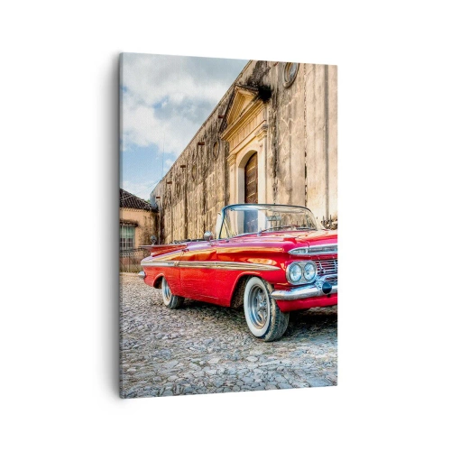 Cuadro sobre lienzo - Impresión de Imagen - Coche clásico rojo en una calle adoquinada - 50x70cm - Emociones cubanas - Decoración de pared moderna para salón y dormitorio ARTTOR
