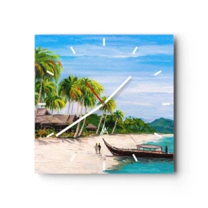Reloj de pared - Reloj de vidrio - Una playa exótica con palmeras y un barco en la orilla. - 30x30cm - Un sueño exótico - Decoración de pared moderna para salón y dormitorio ARTTOR