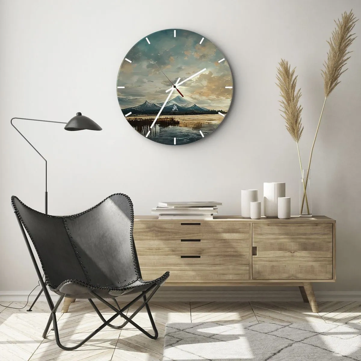 Reloj de pared - Reloj de vidrio - Los picos nevados de las montañas se reflejan en la superficie del lago. - 30x30cm - Bajo la protección del cielo - Decoración de pared moderna para salón, cocina y dormitorio ARTTOR