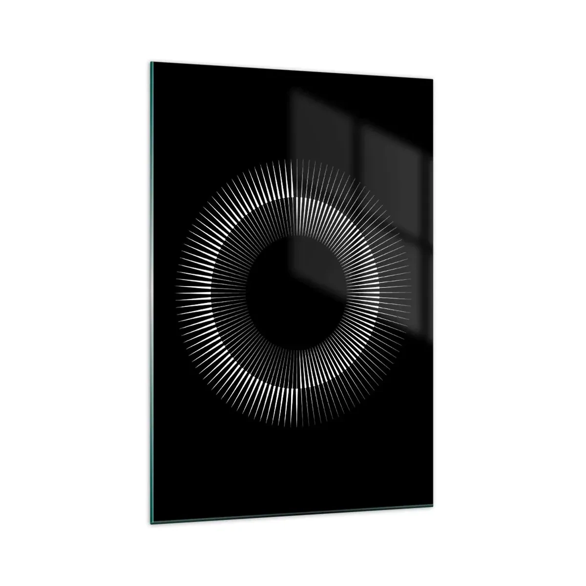 Cuadro sobre vidrio - Impresiones sobre Vidrio - Círculo gráfico con rayos en blanco y negro - 70x100cm - Sol negro - Decoración de pared moderna para salón y dormitorio ARTTOR