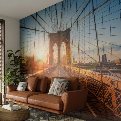 Fotomural Premium Canvas - En el puente dorado - Nueva York, puente de Brooklyn, Arquitectura - 200x140 cm