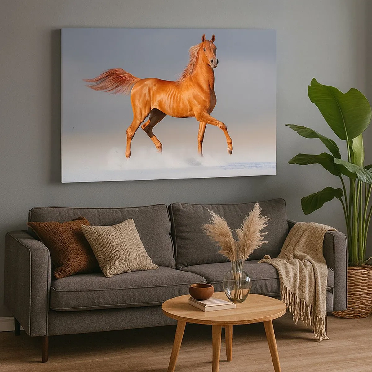 Cuadro sobre lienzo - Impresión de Imagen - Un caballo al galope contra un cielo azul. - 70x50cm - Danza al viento - Decoración de pared moderna para salón y dormitorio ARTTOR