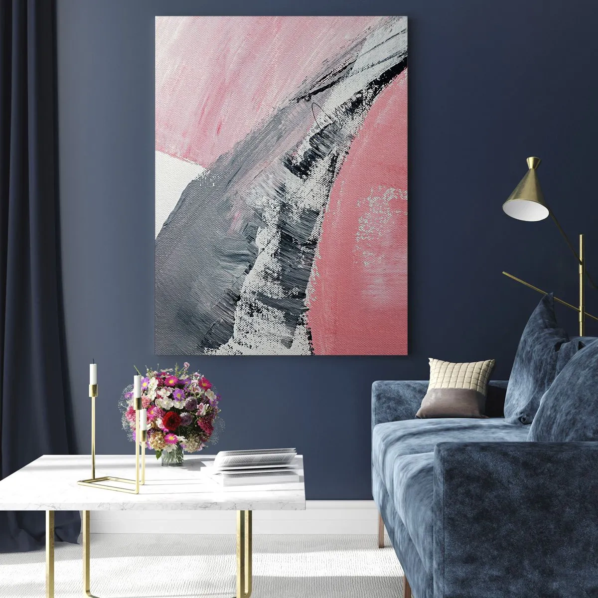 Cuadro sobre vidrio - Impresiones sobre Vidrio - Abstracción moderna en rosa, blanco y gris con textura de pinceladas. - 50x70cm - Composición a juego - Decoración de pared moderna para salón y dormitorio ARTTOR