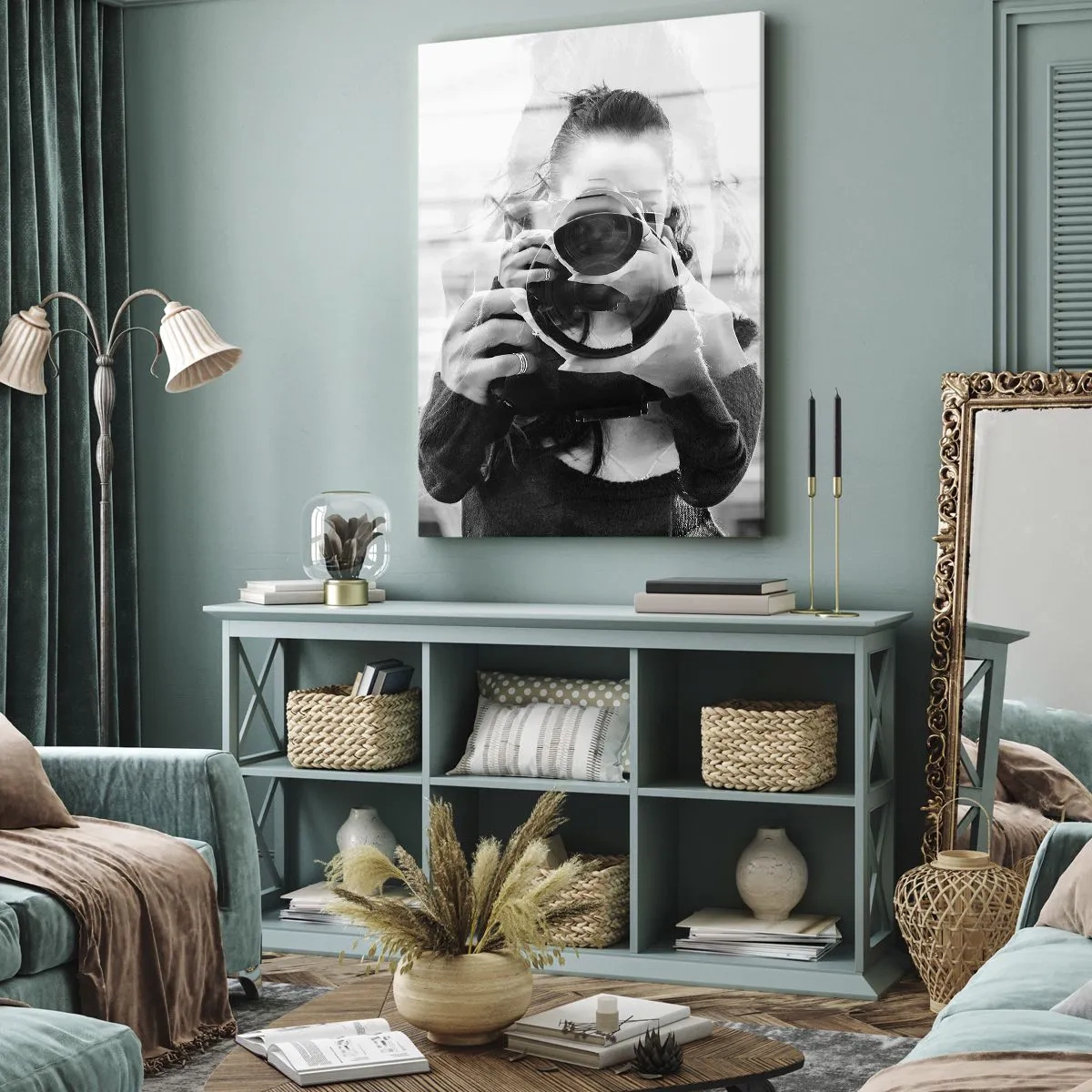 Cuadro sobre lienzo - Impresión de Imagen - Retrato de doble exposición en blanco y negro de un fotógrafo. - 70x100cm - Creador y creación - Decoración de pared moderna para salón y dormitorio ARTTOR