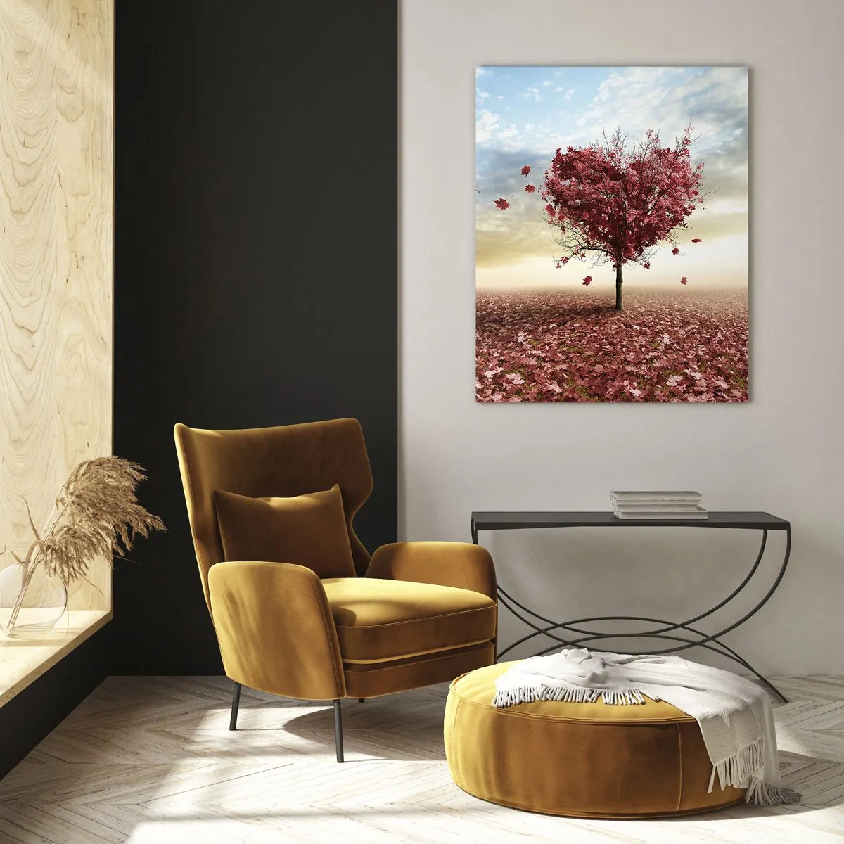 Cuadro sobre vidrio - Impresiones sobre Vidrio - Un árbol solitario en forma de corazón en un campo de hojas rojas. - 80x120cm - Amor de otoño - Decoración de pared moderna para salón y dormitorio ARTTOR