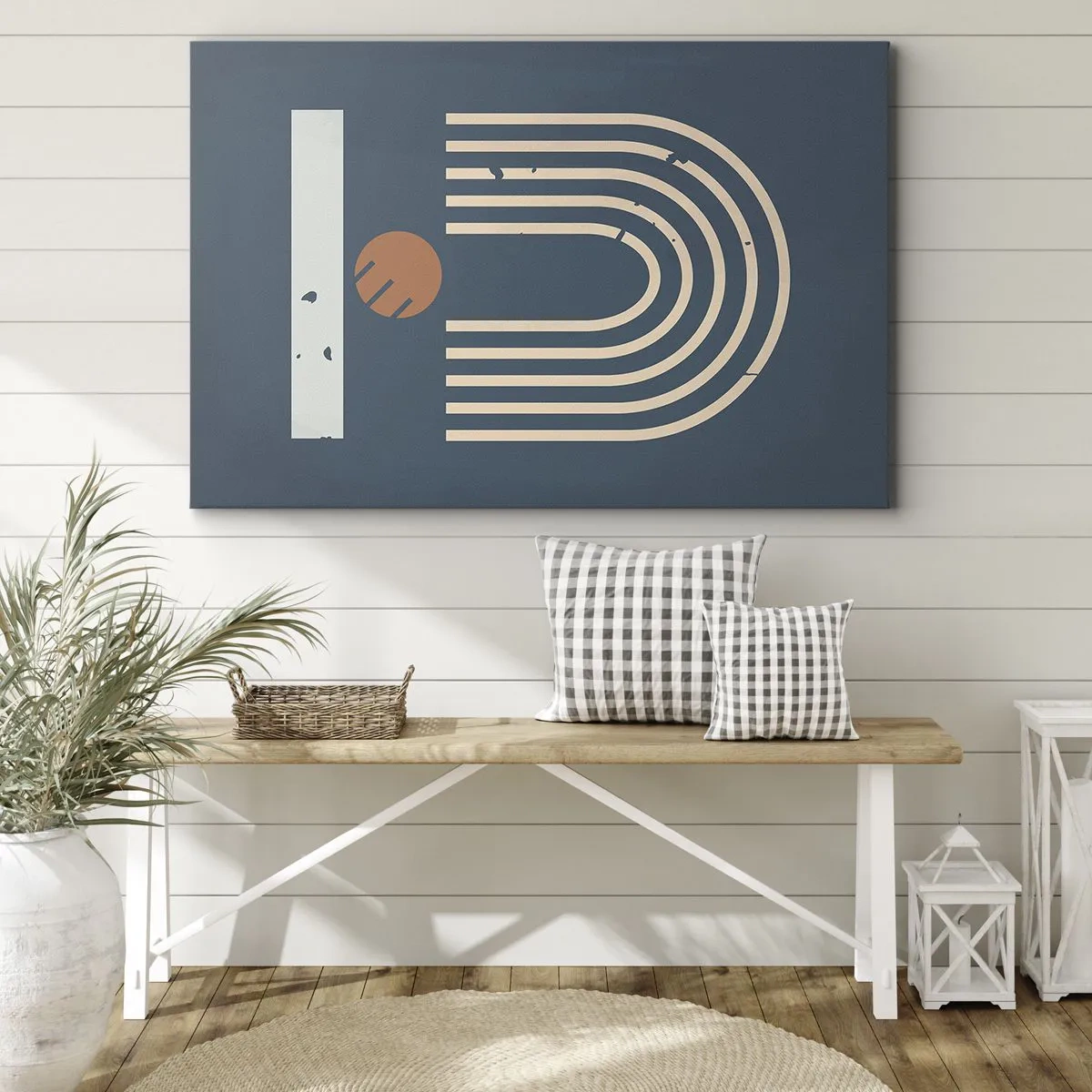 Cuadro sobre lienzo - Impresión de Imagen - Patrón geométrico en tonos azul marino, beige y naranja sobre un fondo oscuro. - 70x50cm - Geometría sobre azul marino - Decoración de pared moderna para salón y dormitorio ARTTOR