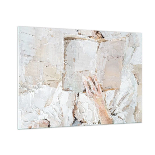 Cuadro sobre vidrio - Impresiones sobre Vidrio - Una persona inmersa en la lectura de un libro sobre un fondo brillante e impresionista. - 100x70cm - En otro mundo - Decoración de pared moderna para salón y dormitorio ARTTOR