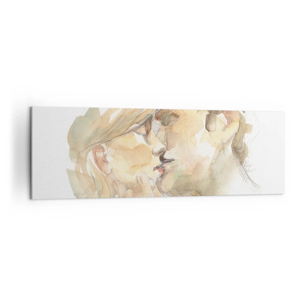 Cuadro sobre lienzo - Impresión de Imagen - Retrato romántico en acuarela de una pareja besándose. - 160x50cm - ¿La media naranja encontrada? - Decoración de pared moderna para salón y dormitorio ARTTOR