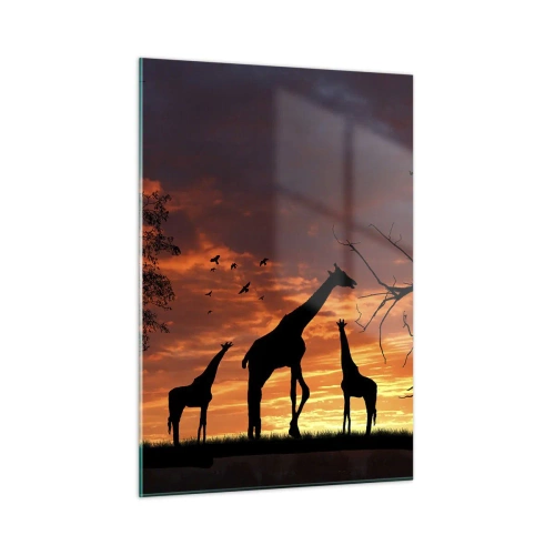 Cuadro sobre vidrio - Impresiones sobre Vidrio - Siluetas de jirafas con el telón de fondo de una puesta de sol en un paisaje africano - 50x70cm - Una pequeña cena con tus seres queridos - Decoración de pared moderna para salón y dormitorio ARTTOR