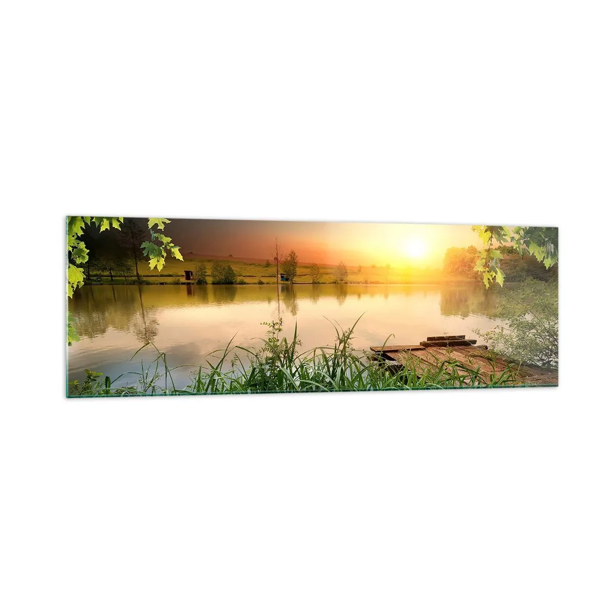 Cuadro sobre vidrio - Impresiones sobre Vidrio - Paisaje verde con un lago al atardecer - 160x50cm - Paisaje en un marco verde - Decoración de pared moderna para salón y dormitorio ARTTOR