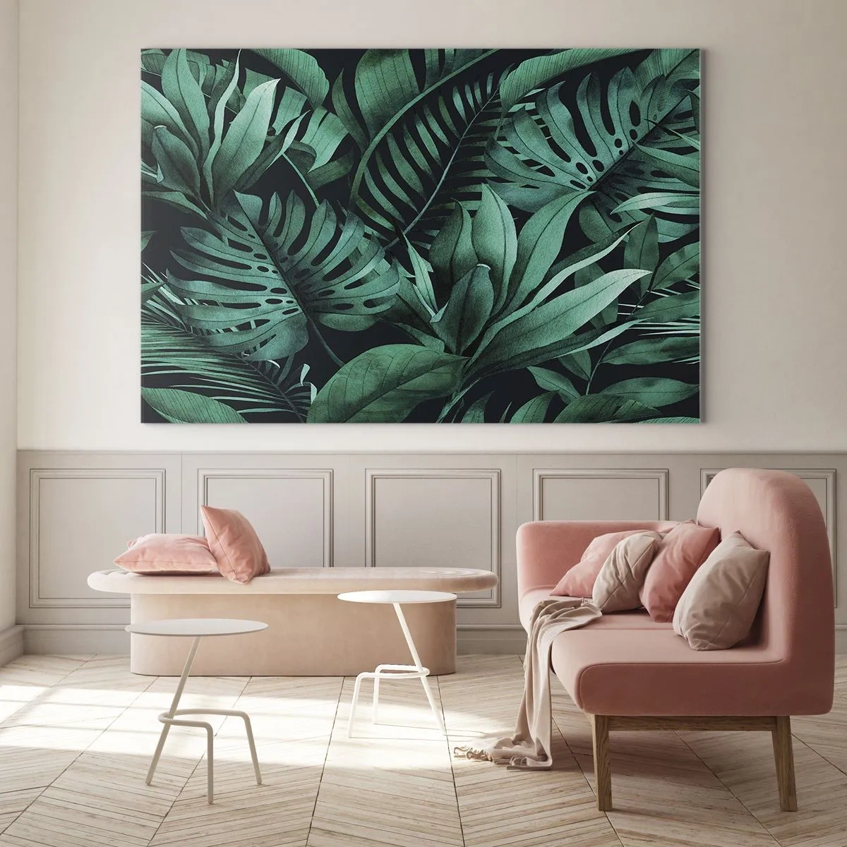 Cuadro sobre vidrio - Impresiones sobre Vidrio - Hojas verdes exuberantes en una composición tropical. - 120x80cm - Profundidad del verde tropical - Decoración de pared moderna para salón y dormitorio ARTTOR
