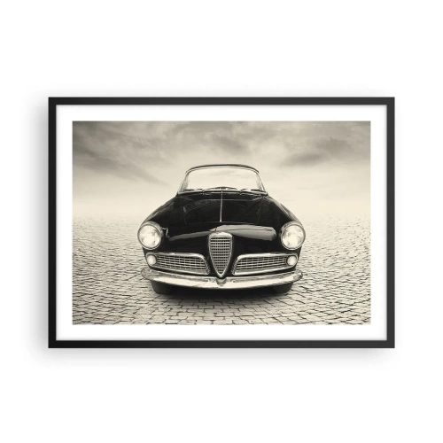 Póster en marco negro - Un coche clásico en una plaza adoquinada en estilo monocromático. - 70x50cm - ¿Y cómo no quererme? - Decoración de pared moderna para salón y dormitorio ARTTOR