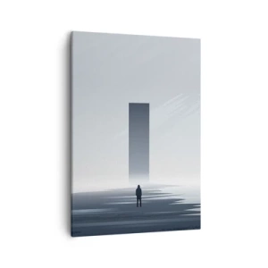 Cuadro sobre lienzo - Impresión de Imagen - Un paisaje minimalista con una silueta junto a un monolito rectangular. - 50x70cm - ¿Oportunidad o amenaza? - Decoración de pared moderna para salón y dormitorio ARTTOR