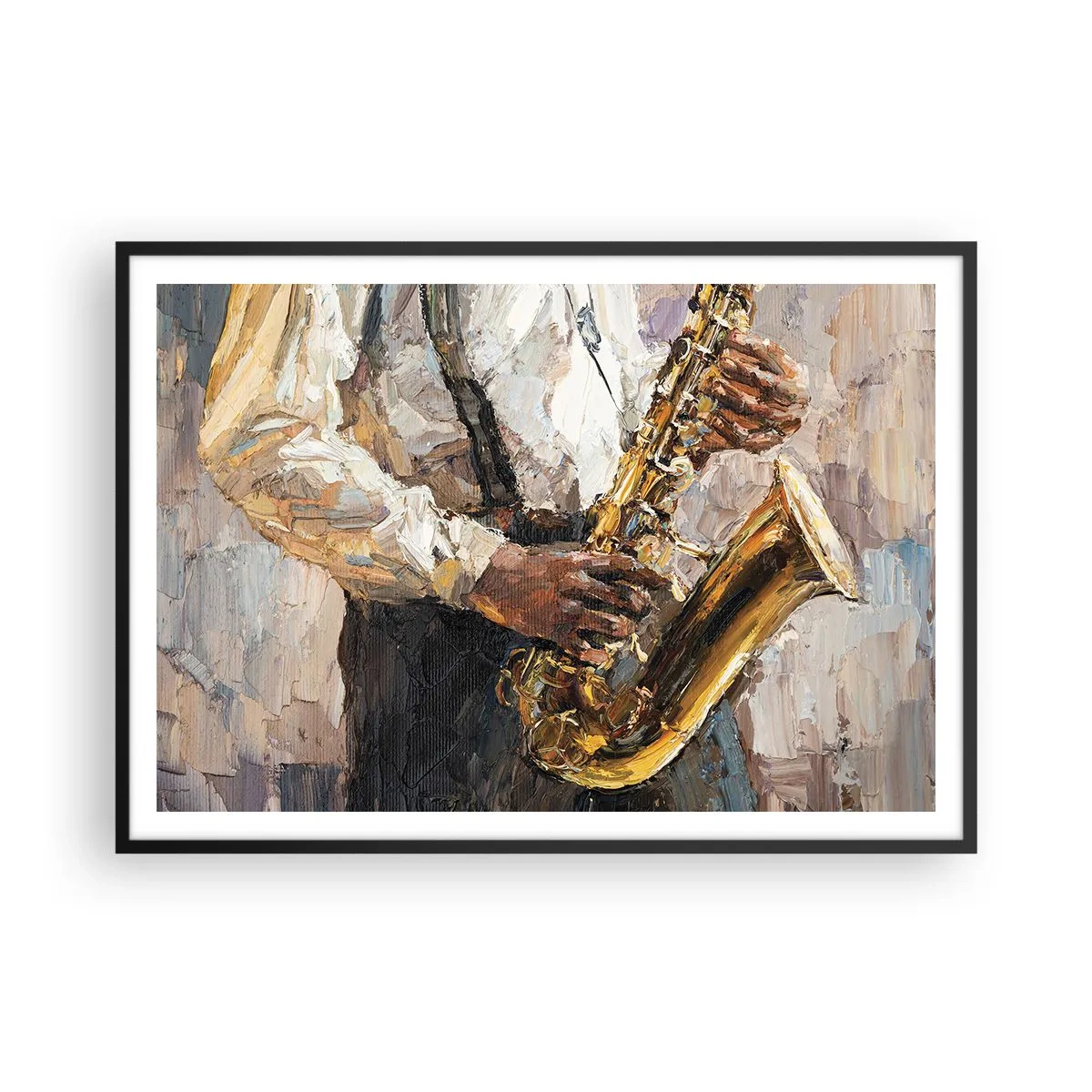 Póster en marco negro - Un músico tocando el saxofón con un estilo artístico. - 100x70cm - Llegó el momento del solo - Decoración de pared moderna para salón y dormitorio ARTTOR
