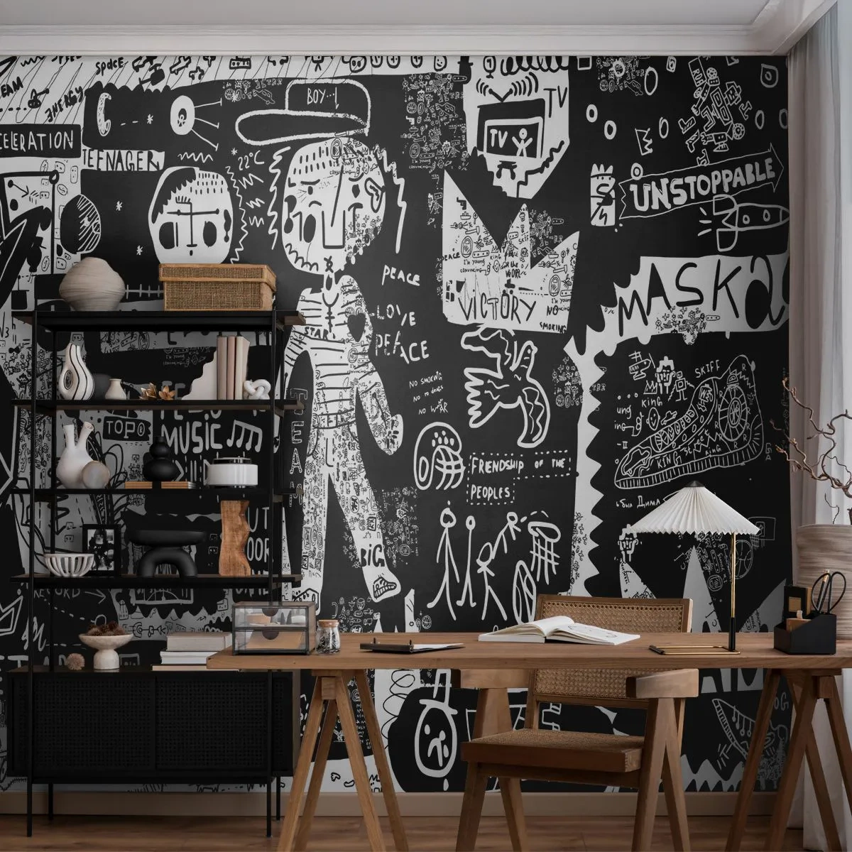 Fotomural Premium Sand - Composición de grafiti de arte callejero en blanco y negro - 100x70cm - La juventud espiritual de la ley y la alegría - Decoración de pared moderna para salón y dormitorio ARTTOR