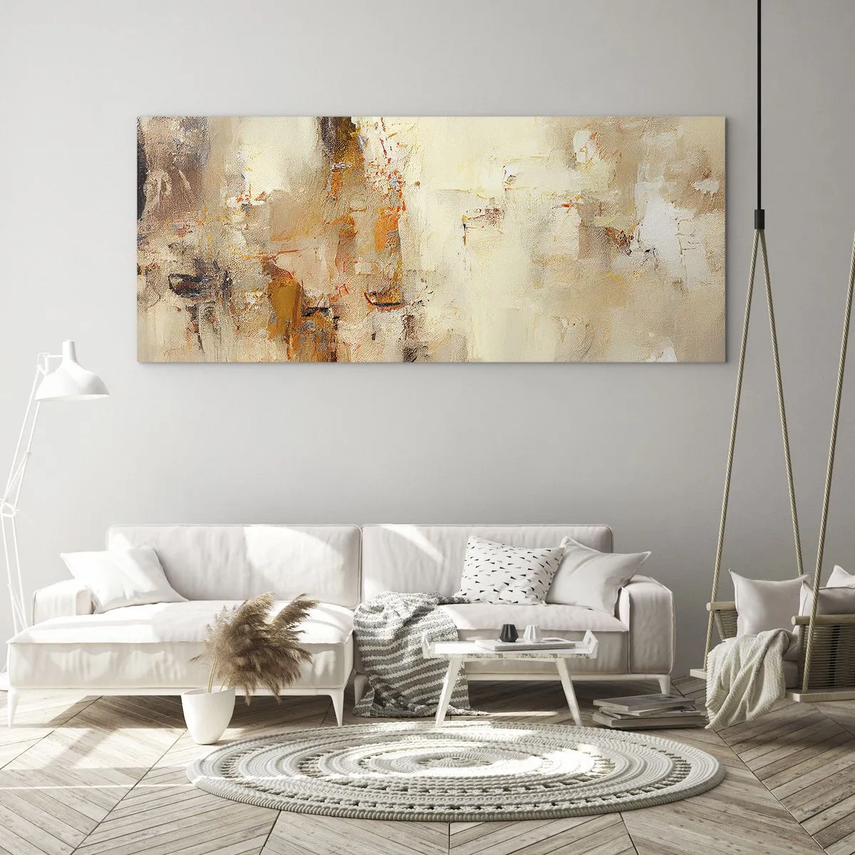 Cuadro sobre vidrio - Impresiones sobre Vidrio - Una composición abstracta en tonos cálidos de amarillo y marrón. - 140x50cm - El alma del ámbar - Decoración de pared moderna para salón y dormitorio ARTTOR