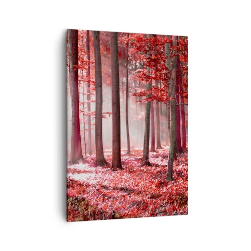 Cuadro sobre lienzo - Impresión de Imagen - Un impresionante bosque en tonos rojos con rayos de luz que penetran a través de los árboles. - 50x70cm - Rojo como el que más - Decoración de pared moderna para salón y dormitorio ARTTOR