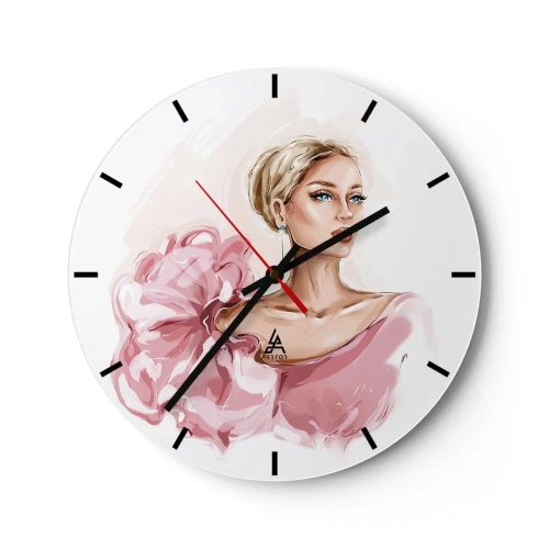 Reloj de pared - Reloj de vidrio - Retrato estilizado de una mujer con un vestido rosa sobre un fondo blanco. - 30x30cm - Recuérdame como una pintura... - Decoración de pared moderna para salón, cocina y dormitorio ARTTOR