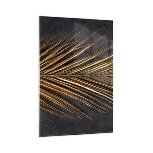Cuadro sobre vidrio - Impresiones sobre Vidrio - Hoja tropical dorada sobre fondo negro - 80x120cm - El oro de los trópicos - Decoración de pared moderna para salón y dormitorio ARTTOR