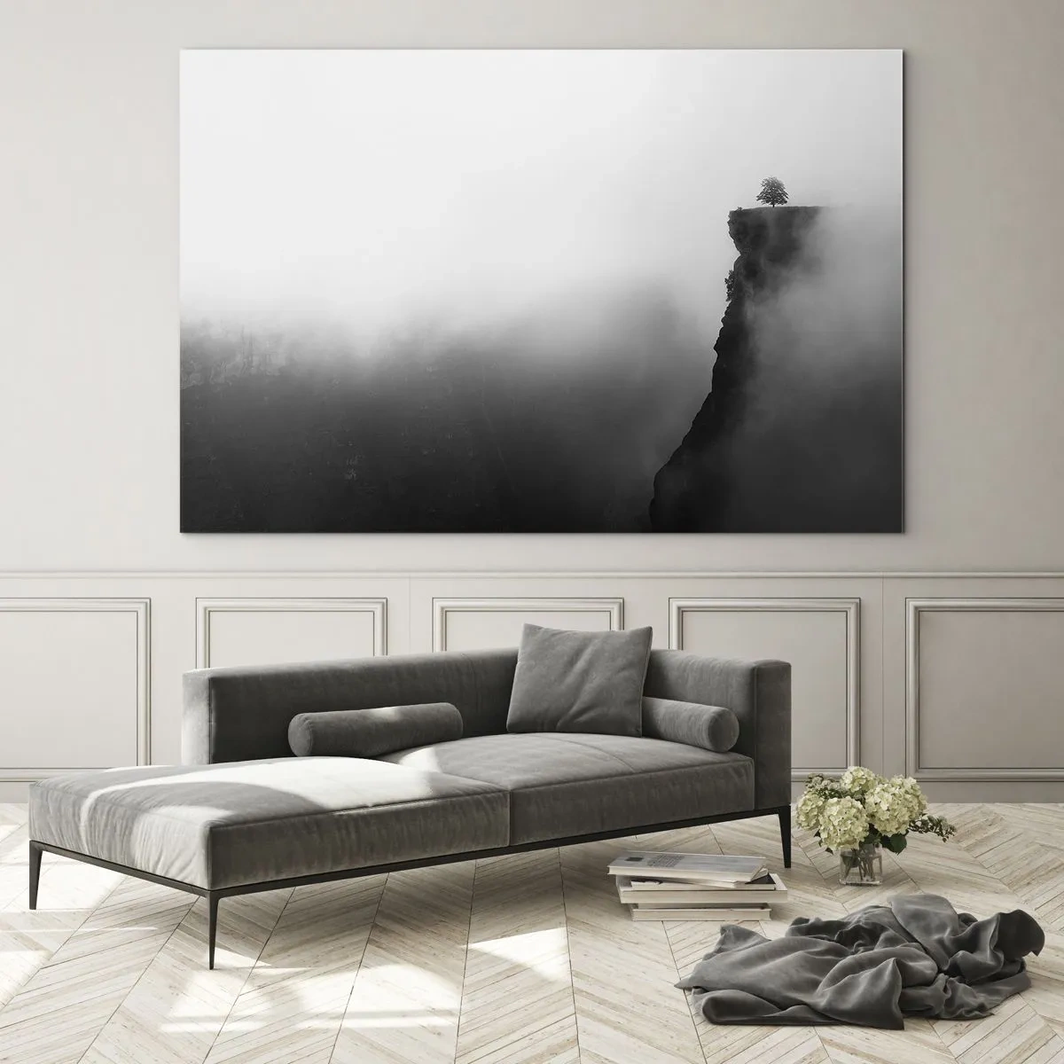 Cuadro sobre vidrio - Impresiones sobre Vidrio - Un árbol solitario al borde de un acantilado en medio de una espesa niebla. - 100x70cm - En el límite del mundo - Decoración de pared moderna para salón y dormitorio ARTTOR