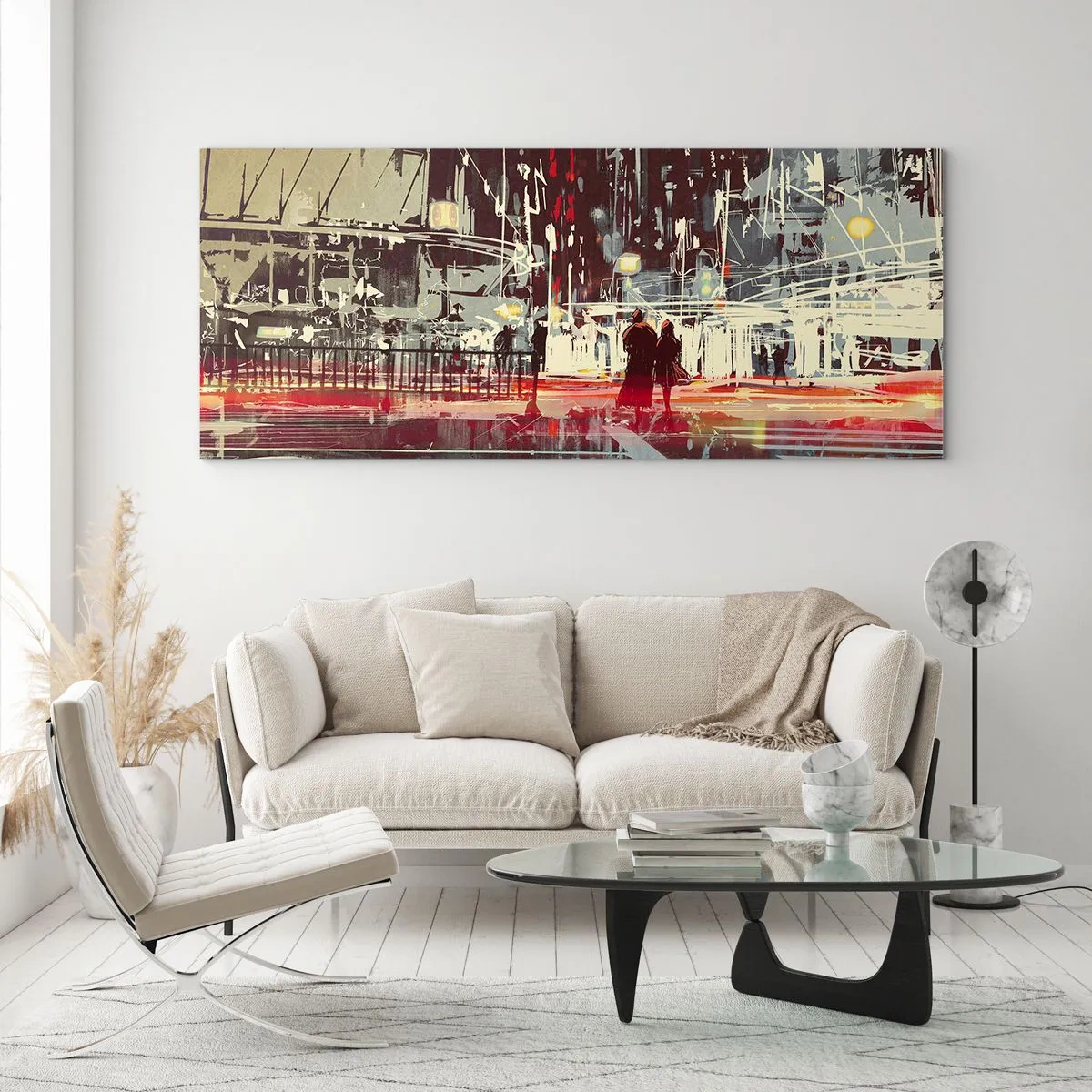 Cuadro sobre vidrio - Impresiones sobre Vidrio - Ciudad de noche con luces de neón y siluetas de personas en la calle. - 140x50cm - Una travesía metropolitana - Decoración de pared moderna para salón y dormitorio ARTTOR