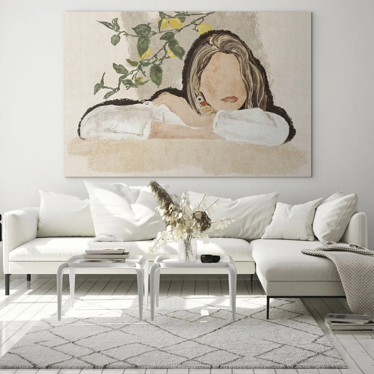 Cuadro sobre vidrio - Impresiones sobre Vidrio - Una mujer apoyada en una mesa entre las ramas de un limonero, con el rostro sin rasgos distintivos. - 70x50cm - La belleza del sur - Decoración de pared moderna para salón y dormitorio ARTTOR