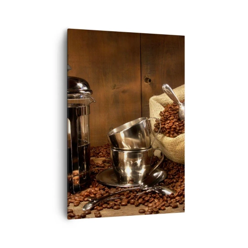 Cuadro sobre lienzo - Impresión de Imagen - Prensa francesa, tazas y una bolsa de café sobre un fondo de madera. - 70x100cm - El embrujo del café: aroma y sabor - Decoración de pared moderna para salón y dormitorio ARTTOR