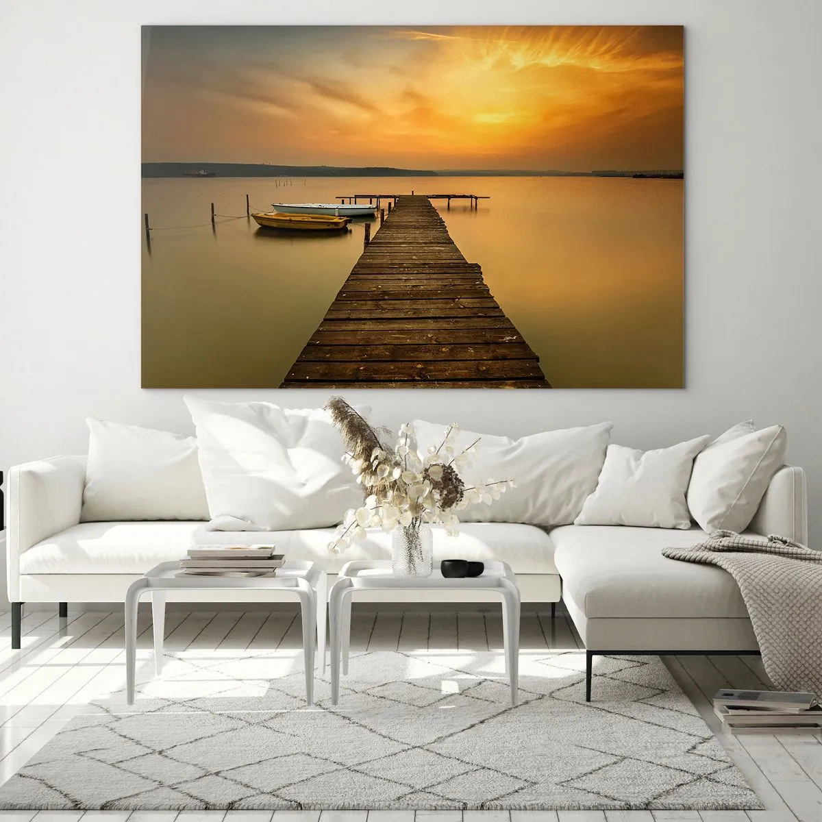 Cuadro sobre vidrio - Impresiones sobre Vidrio - Muelle en el lago al atardecer con un barco - 120x80cm - Abriré el cielo dorado para ti - Decoración de pared moderna para salón y dormitorio ARTTOR