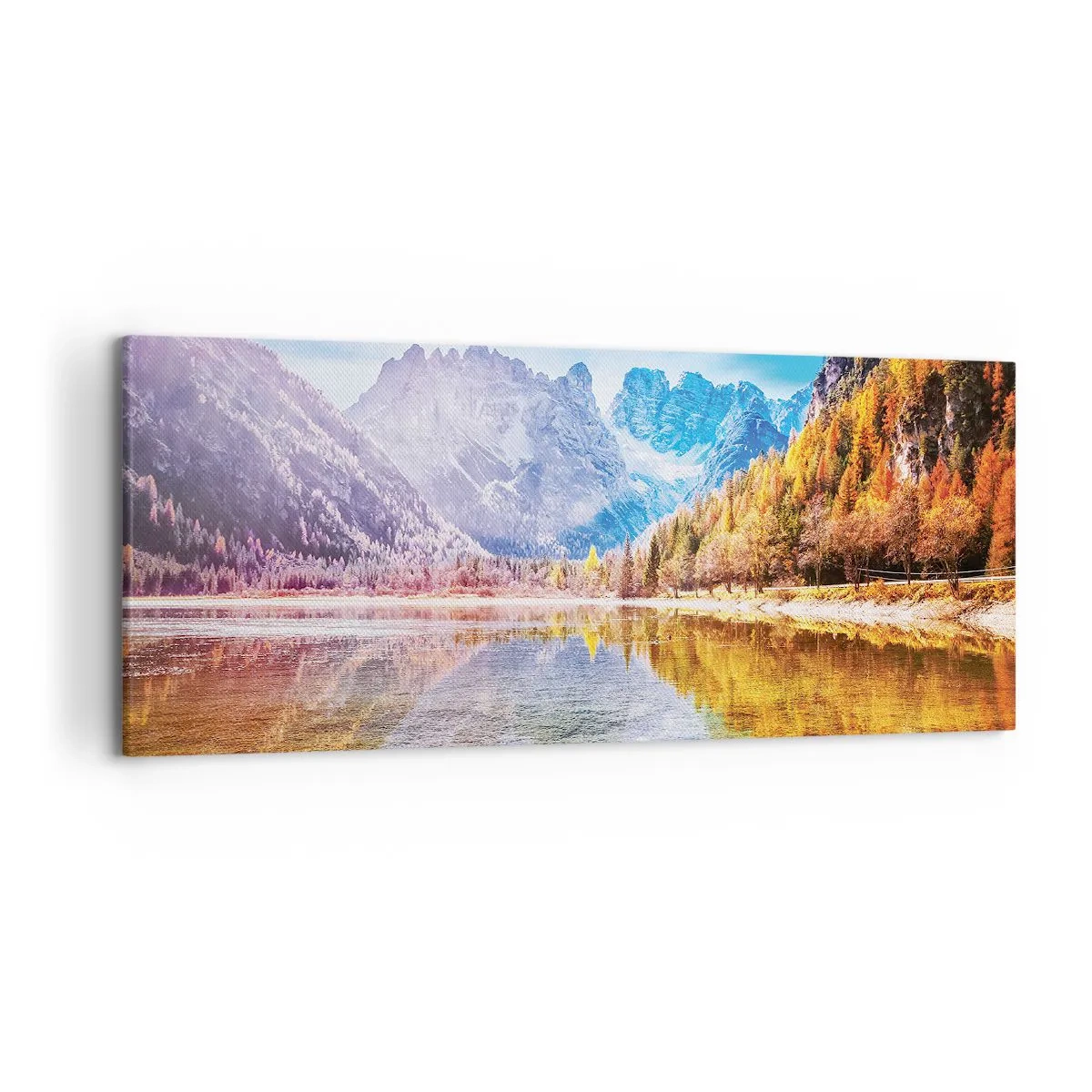 Cuadro sobre lienzo - Impresión de Imagen - Paisaje otoñal de montaña con un lago - 120x50cm - Ya es otoño en las montañas - Decoración de pared moderna para salón y dormitorio ARTTOR