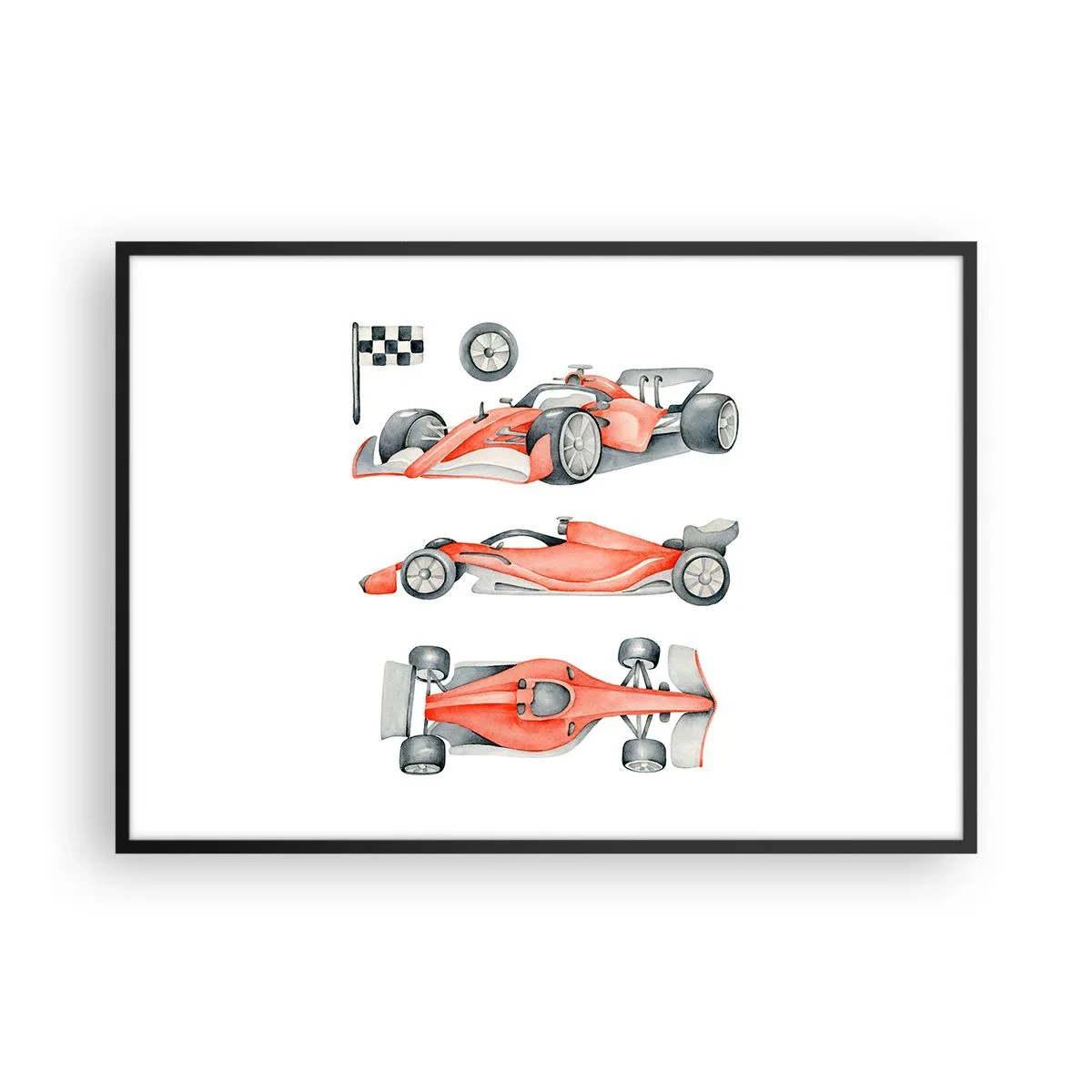 Póster en marco negro - Un coche de carreras rojo con una bandera a cuadros. - 100x70cm - Para alcanzar un sueño - Decoración de pared moderna para salón y dormitorio ARTTOR