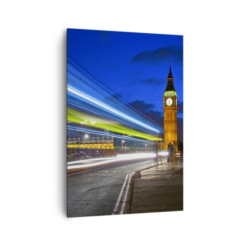 Cuadro sobre lienzo - Impresión de Imagen - El Big Ben de noche con el efecto de las luces en el tráfico de la calle. - 70x100cm - Bajo la mirada del Big Ben - Decoración de pared moderna para salón y dormitorio ARTTOR
