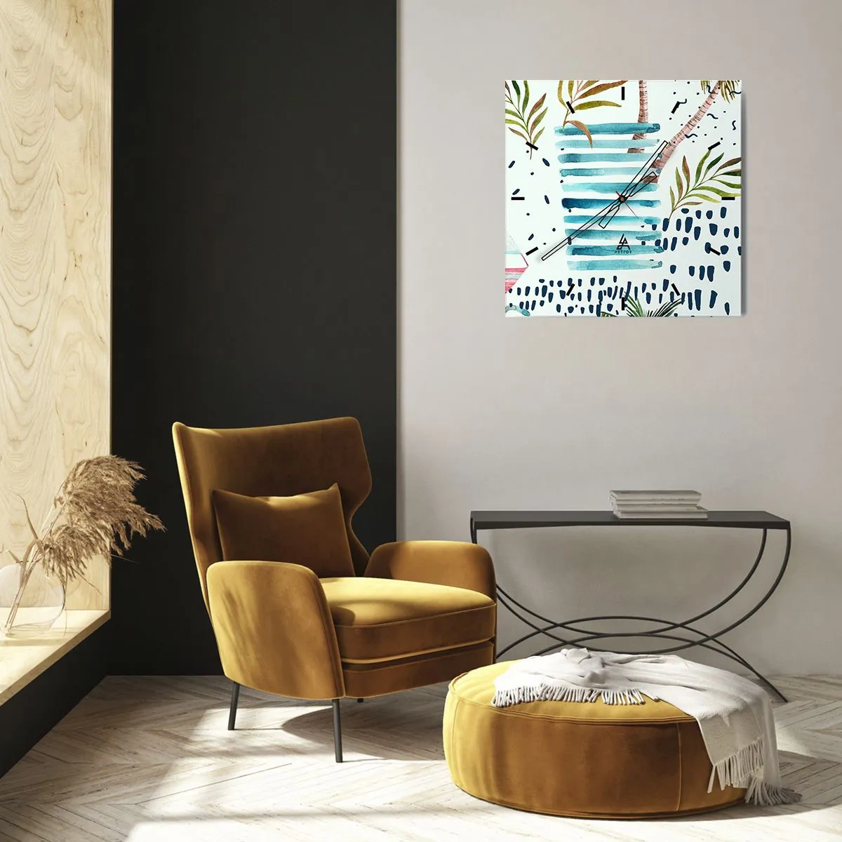 Reloj de pared - Reloj de vidrio - Patrón abstracto con palmeras y acentos náuticos. - 30x30cm - Vacaciones bajo las palmeras - Decoración de pared moderna para salón y dormitorio ARTTOR