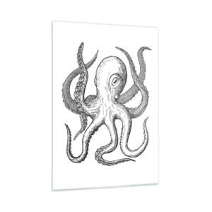 Cuadro sobre vidrio - Impresiones sobre Vidrio - Dibujo en blanco y negro de un pulpo sobre un fondo blanco. - 50x70cm - Bailando con olas - Decoración de pared moderna para salón y dormitorio ARTTOR