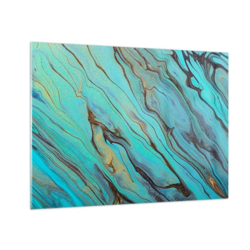 Cuadro sobre vidrio - Impresiones sobre Vidrio - Rayas abstractas en turquesa y oro - 70x50cm - Marea turquesa - Decoración de pared moderna para salón y dormitorio ARTTOR