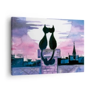 Cuadro sobre lienzo - Impresión de Imagen - Gatos negros en un tejado a la luz de la luna en un entorno de acuarela - 70x50cm - Cita bajo la luna - Decoración de pared moderna para salón y dormitorio ARTTOR