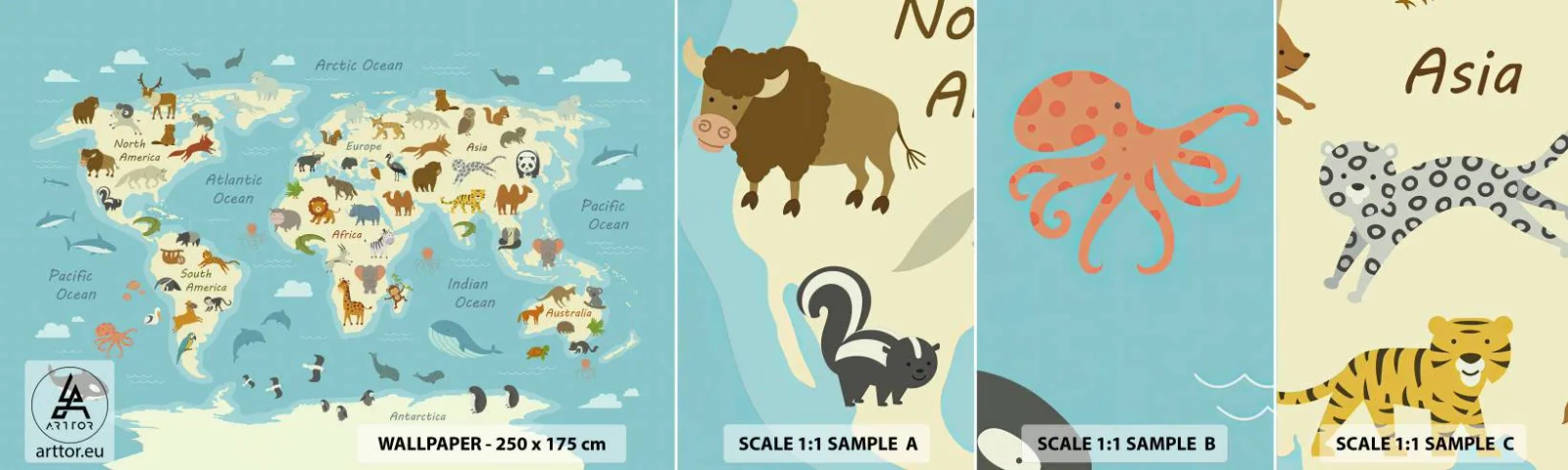 Muestra de fotomural autoadhesivo Deluxe Sticker - Buenos vecinos - Mapa del mundo, Mapa con animales, animales - 100x30 cm