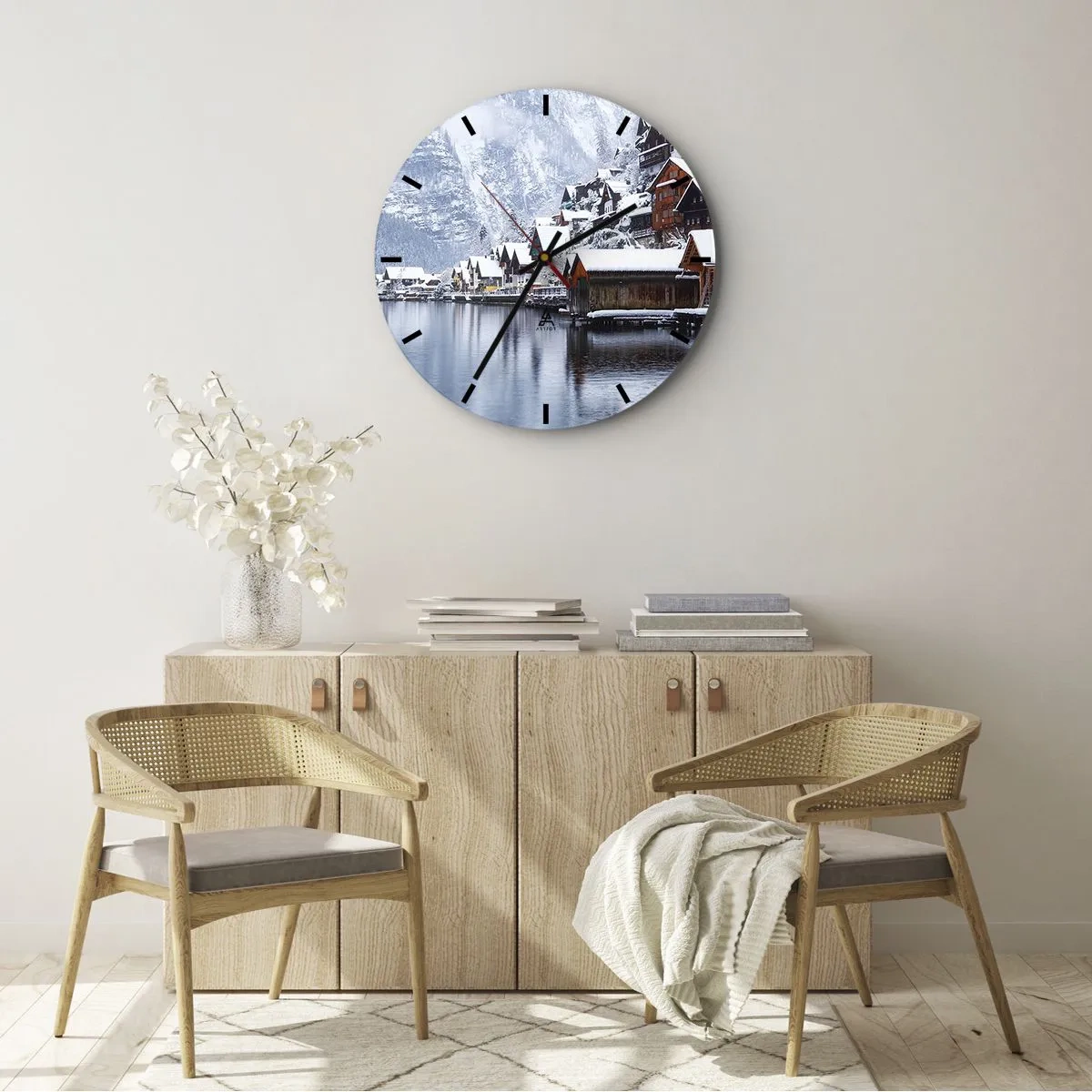 Reloj de pared - Reloj de vidrio - En un decorado de invierno - 40x40 cm