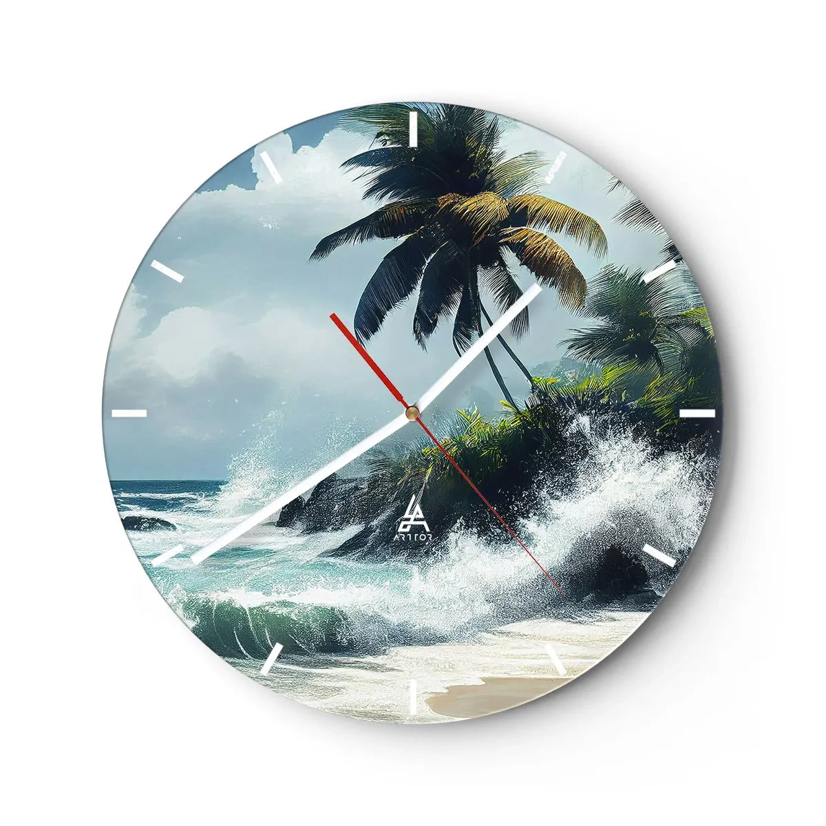 Reloj de pared - Reloj de vidrio - Playa tropical con palmeras y olas rompientes del océano. - 30x30cm - En una costa tropical - Decoración de pared moderna para salón, cocina y dormitorio ARTTOR