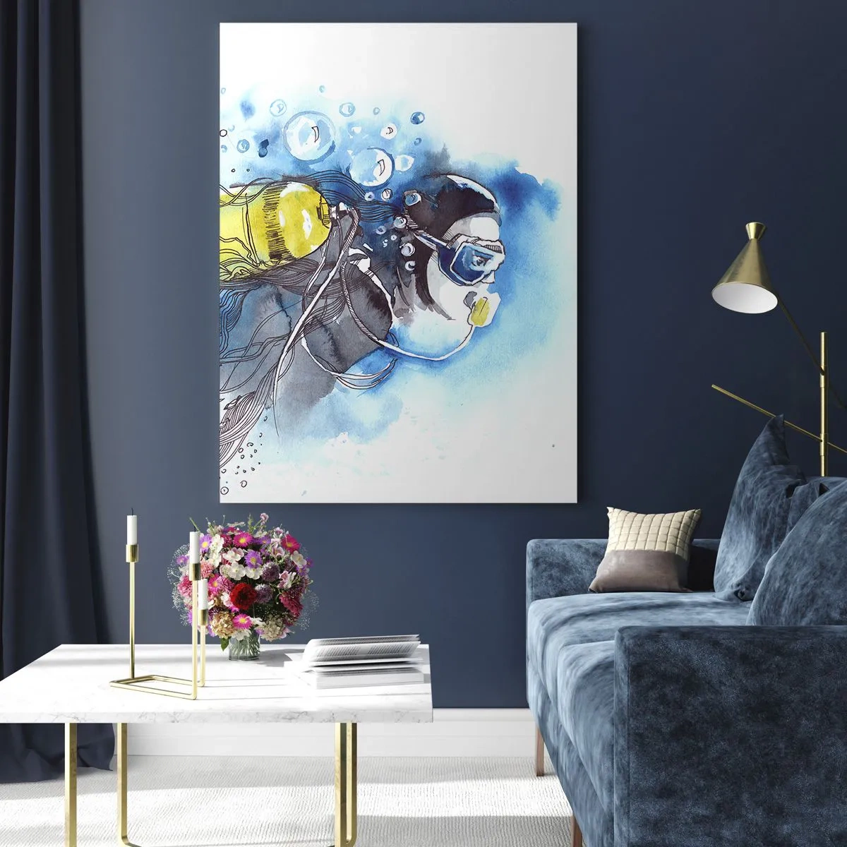 Cuadro sobre vidrio - Impresiones sobre Vidrio - Buceador bajo el agua con peces en acuarela artística. - 50x70cm - Sumergirse en lo desconocido - Decoración de pared moderna para salón y dormitorio ARTTOR