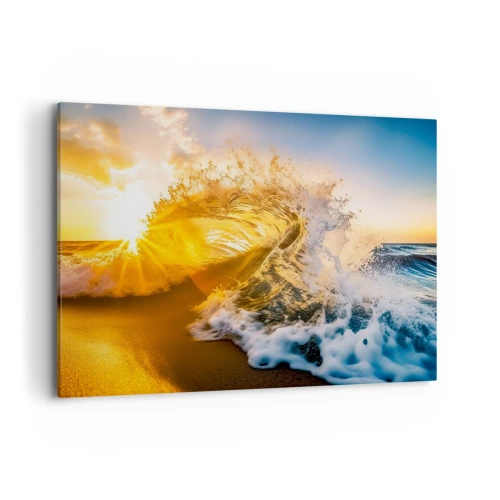 Cuadro sobre lienzo - Impresión de Imagen - Una ola dorada con el sol poniente como telón de fondo. - 100x70cm - Jugando en la arena - Decoración de pared moderna para salón y dormitorio ARTTOR
