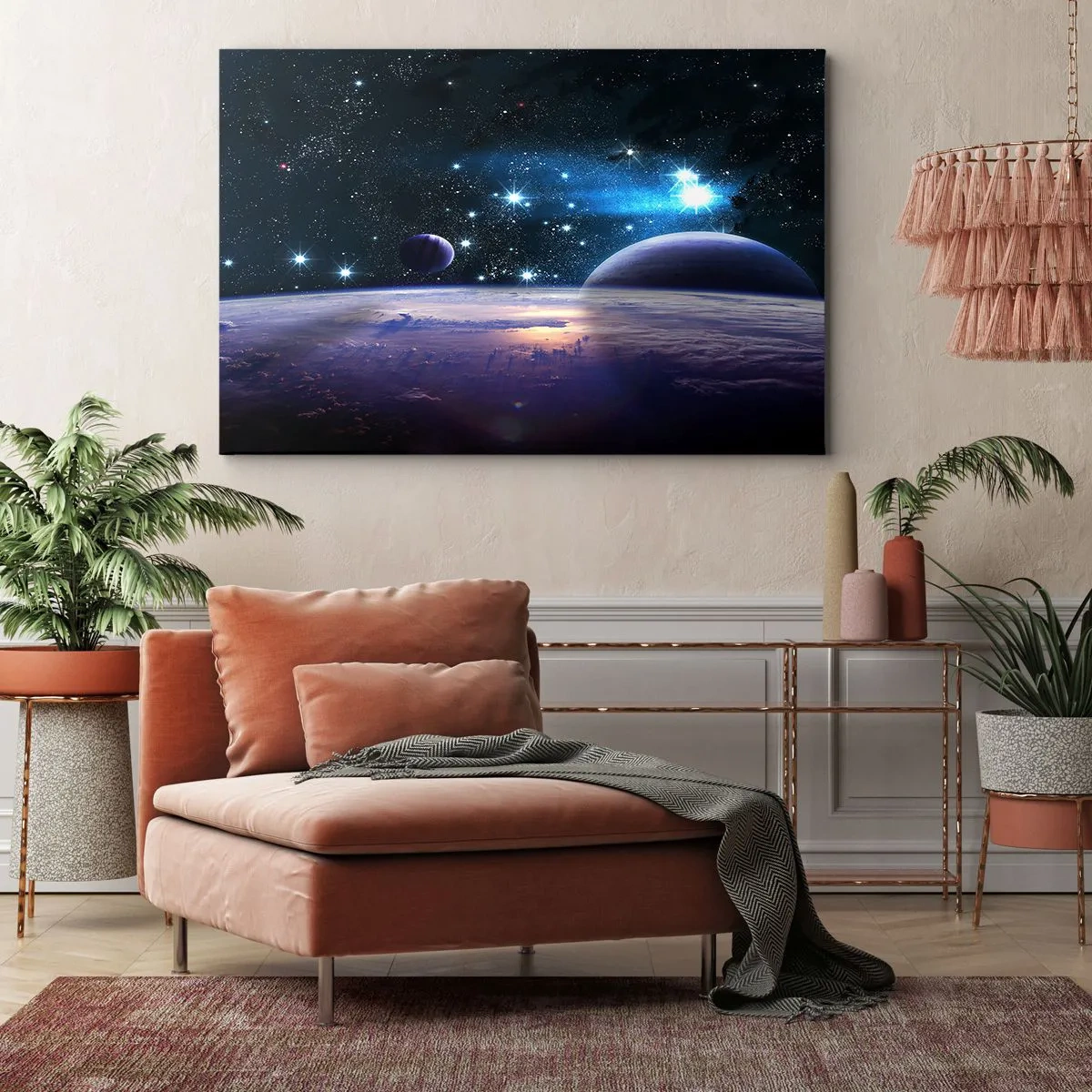 Cuadro sobre lienzo - Impresión de Imagen - Una vista del espacio exterior con planetas y estrellas. - 120x80cm - ¿Sigues solo? - Decoración de pared moderna para salón y dormitorio ARTTOR