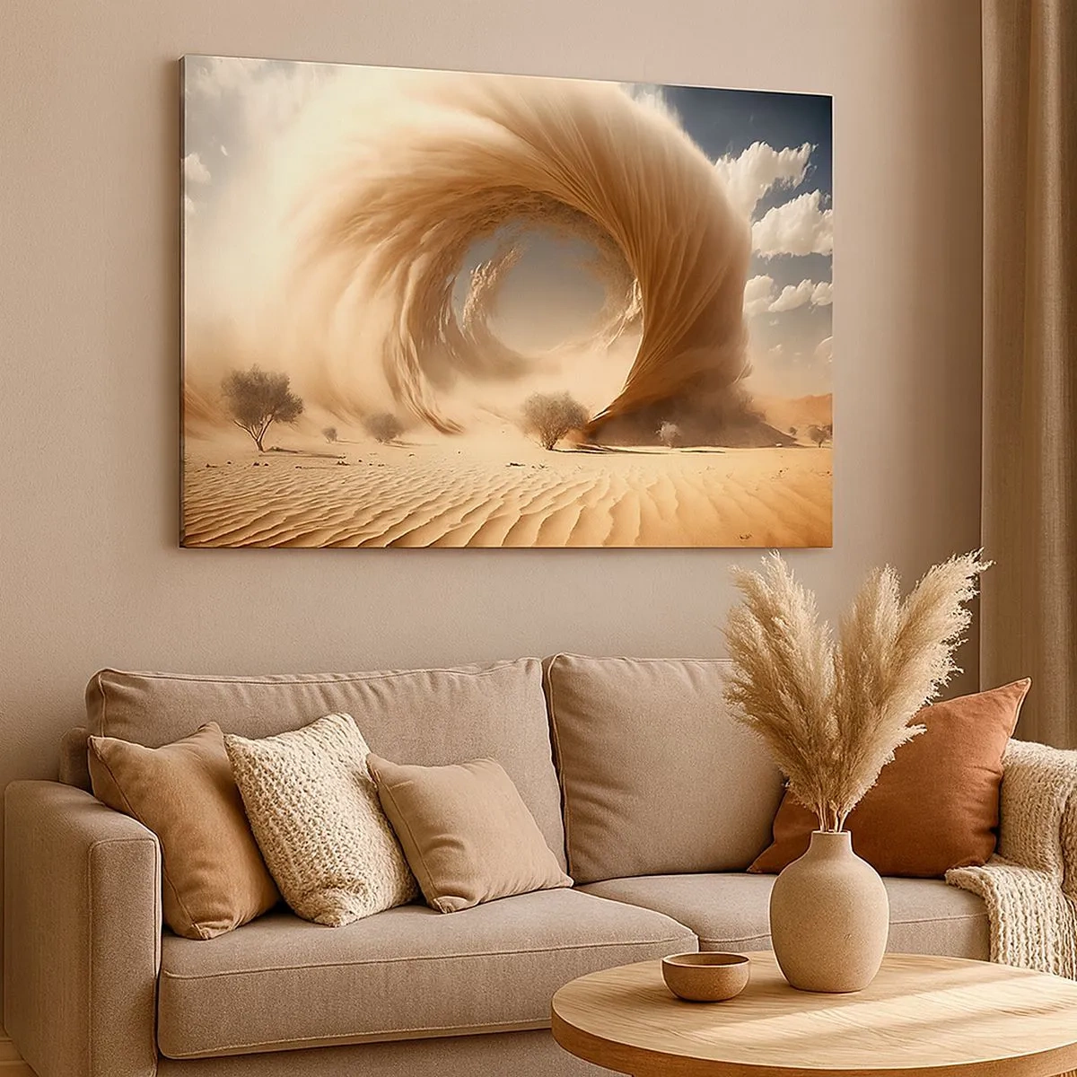 Cuadro sobre lienzo - Impresión de Imagen - Remolino de arena dinámico en un desierto con árboles - 70x50cm - Portal abierto - Decoración de pared moderna para salón y dormitorio ARTTOR